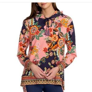 JOHNNY WAS Floral Print Cotton Stretch Knit Long Sleeve Tassel Hoodie XXL NWT